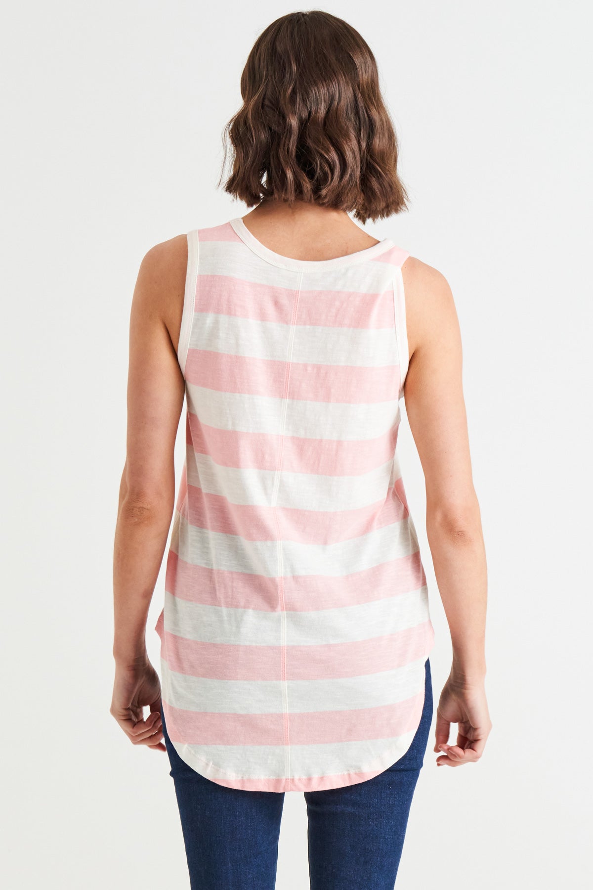 Keira Relaxed Scoop Neck Long Cotton Basic Tank - Baby Pink Stripe