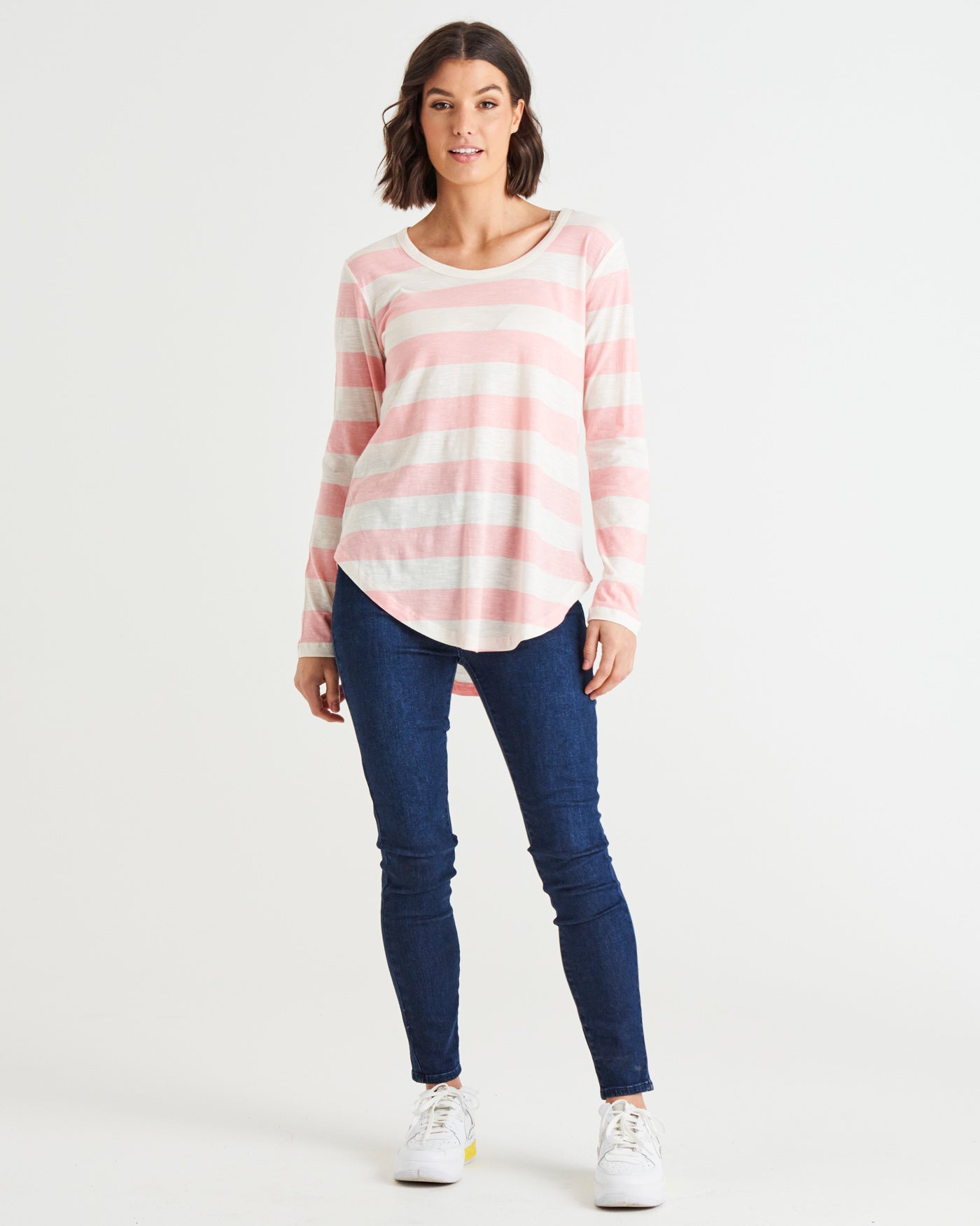 Megan Long Sleeve Cotton Basic Top - Baby Pink Stripe