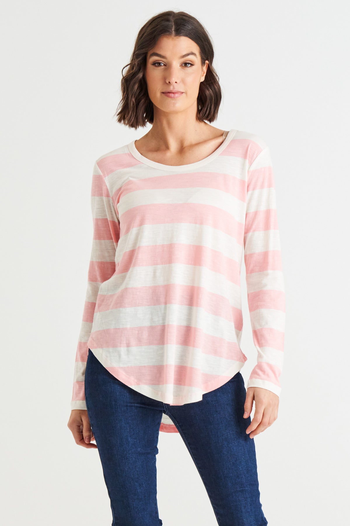 Megan Long Sleeve Cotton Basic Top - Baby Pink Stripe