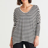 Kyoto V-Neck Loose Stretchy Basic Tee - Black/White Stripe