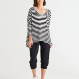 Kyoto V-Neck Loose Stretchy Basic Tee - Black/White Stripe