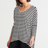 Kyoto V-Neck Loose Stretchy Basic Tee - Black/White Stripe