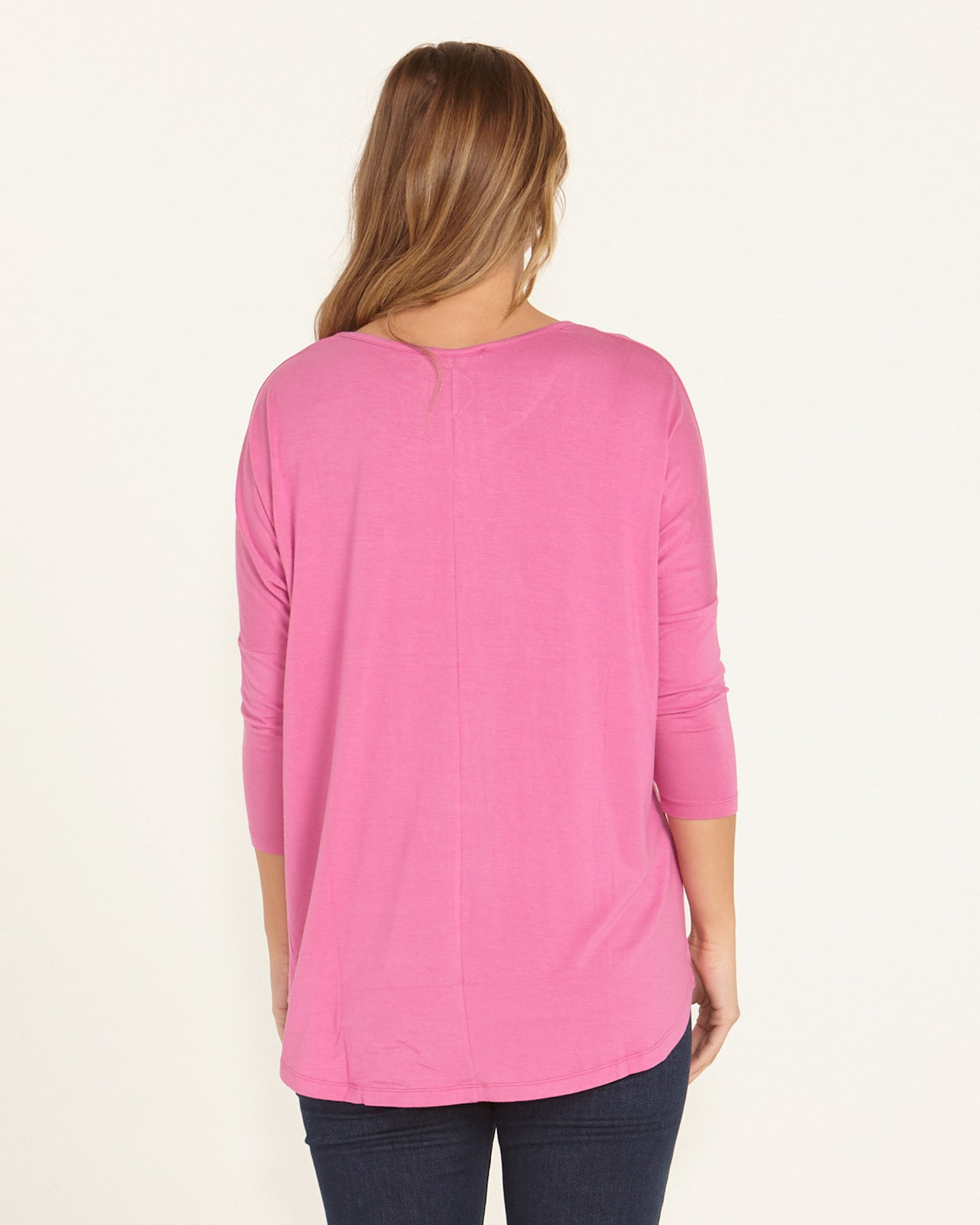 Milan Stretchy Draped Relaxed 3/4 Sleeve Basic Top - Winter Pink