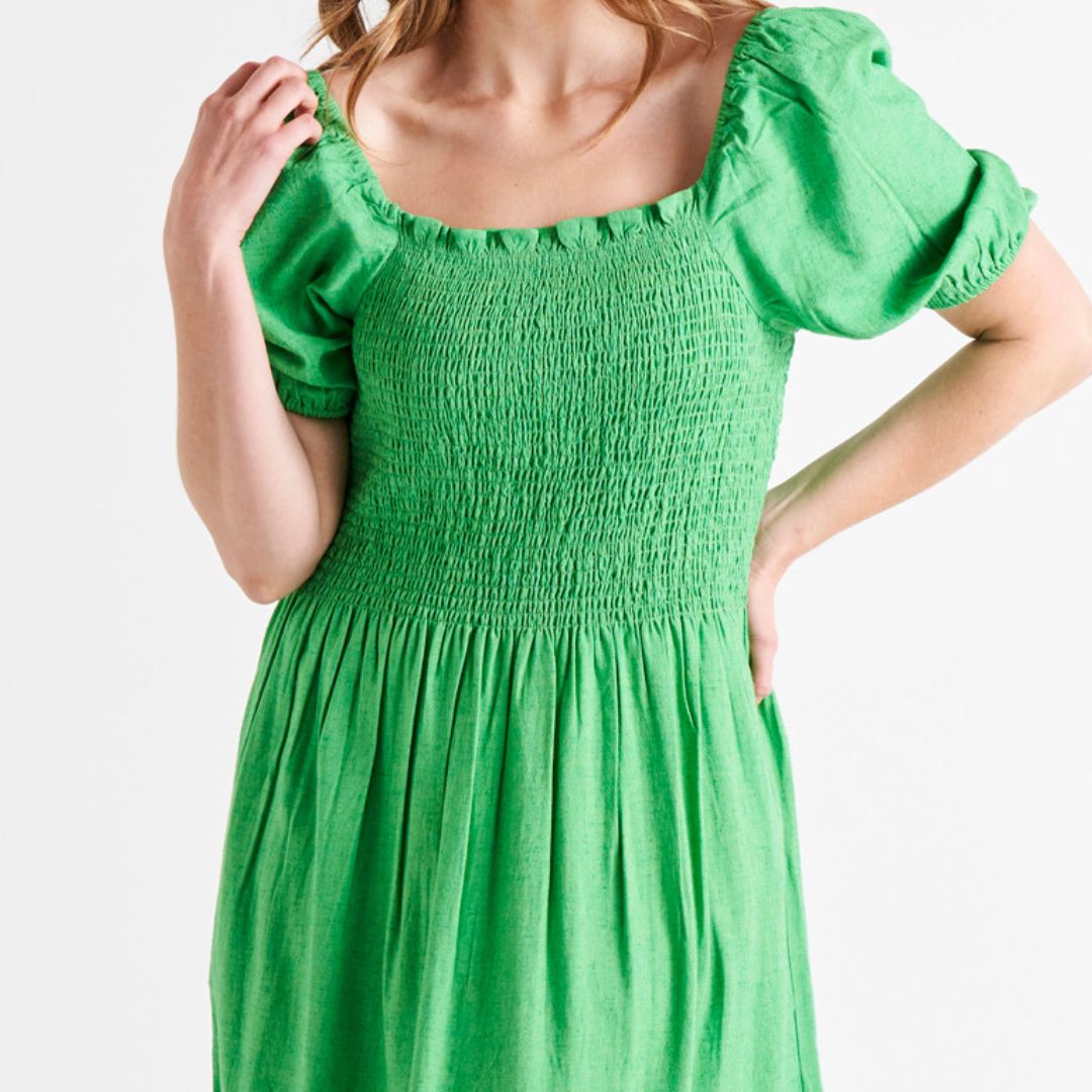 Ingrid Off Shoulder Shirred Bodice Linen-Blend Midi Dress - Bright Green