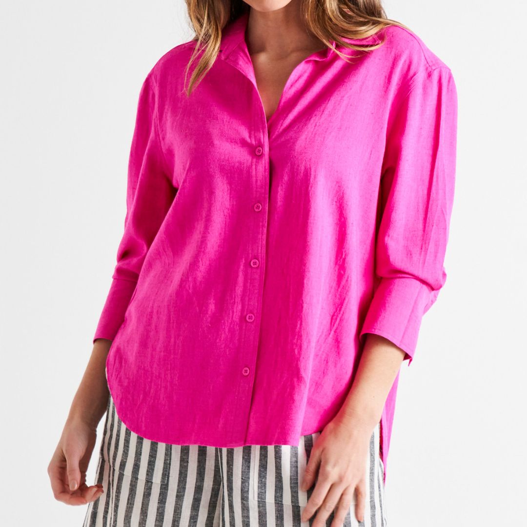 Caprice Relaxed Button-Up Linen-Blend Shirt - Berry Pink