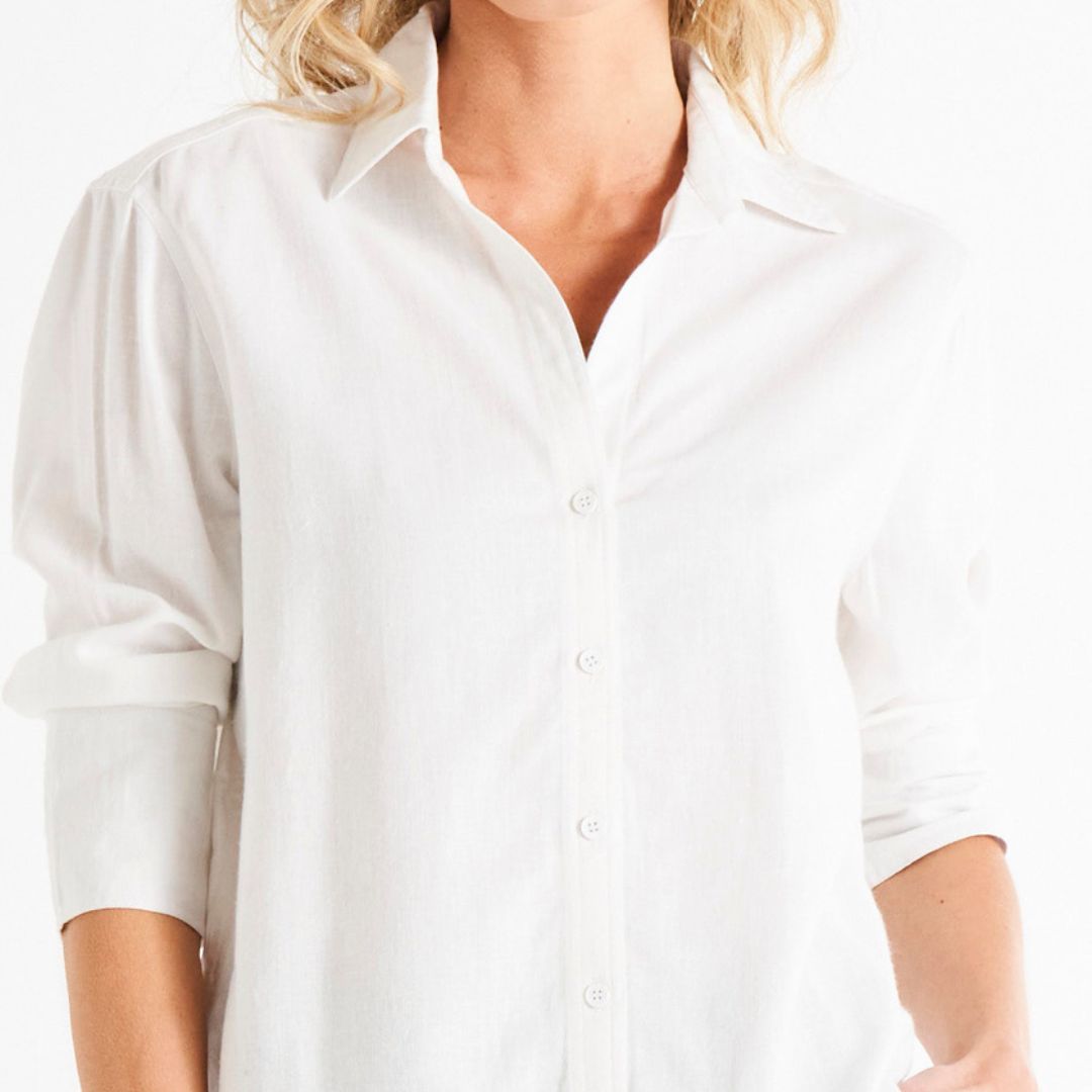 Caprice Relaxed Button-Up Linen-Blend Shirt - White