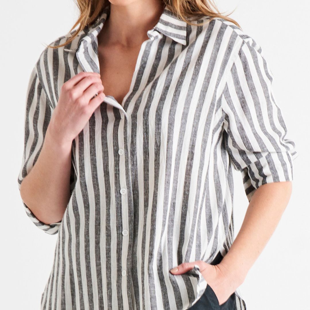Caprice Relaxed Button-Up Linen-Blend Shirt - Black/White Stripe