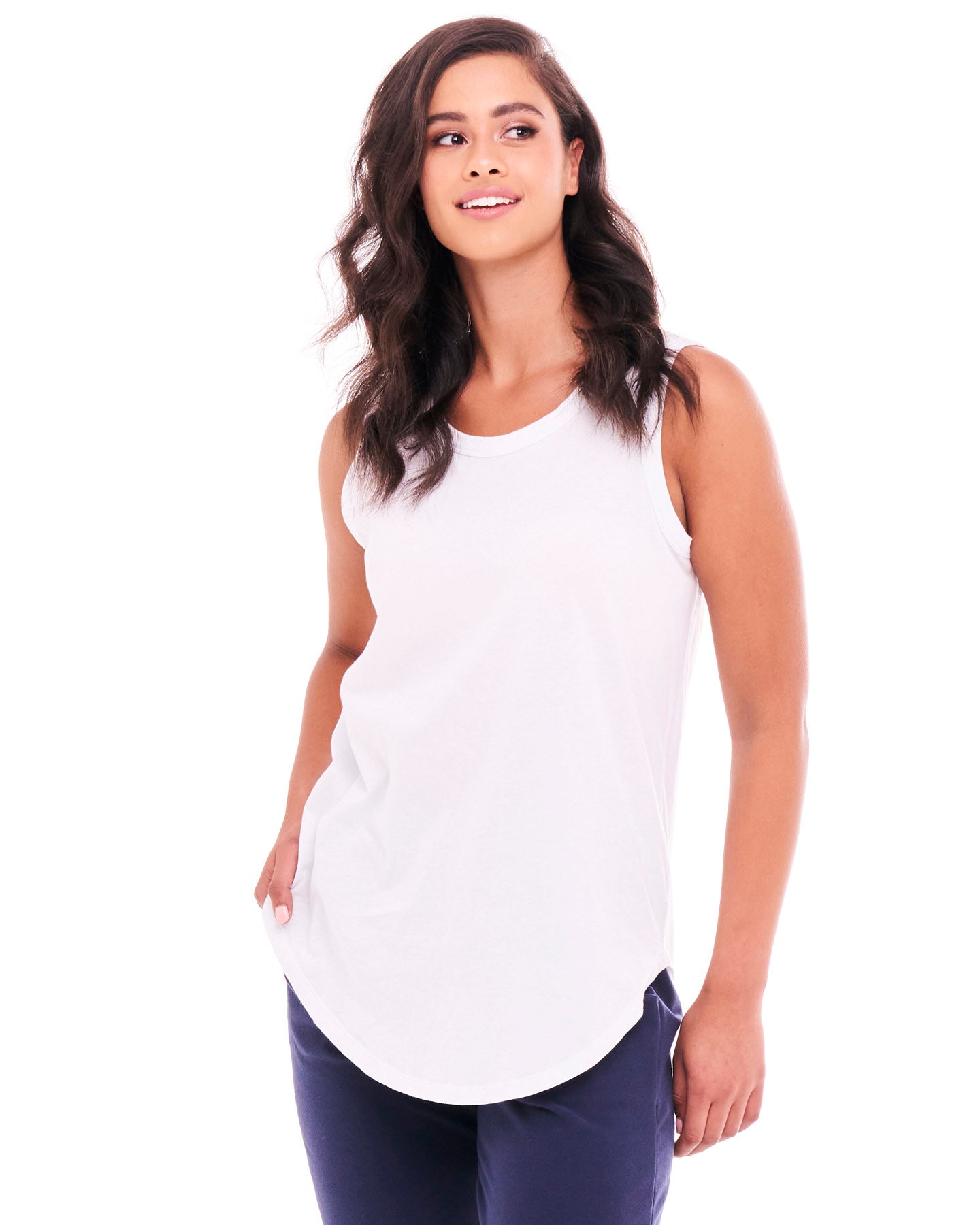Keira Relaxed Scoop Neck Long Cotton Basic Tank - White