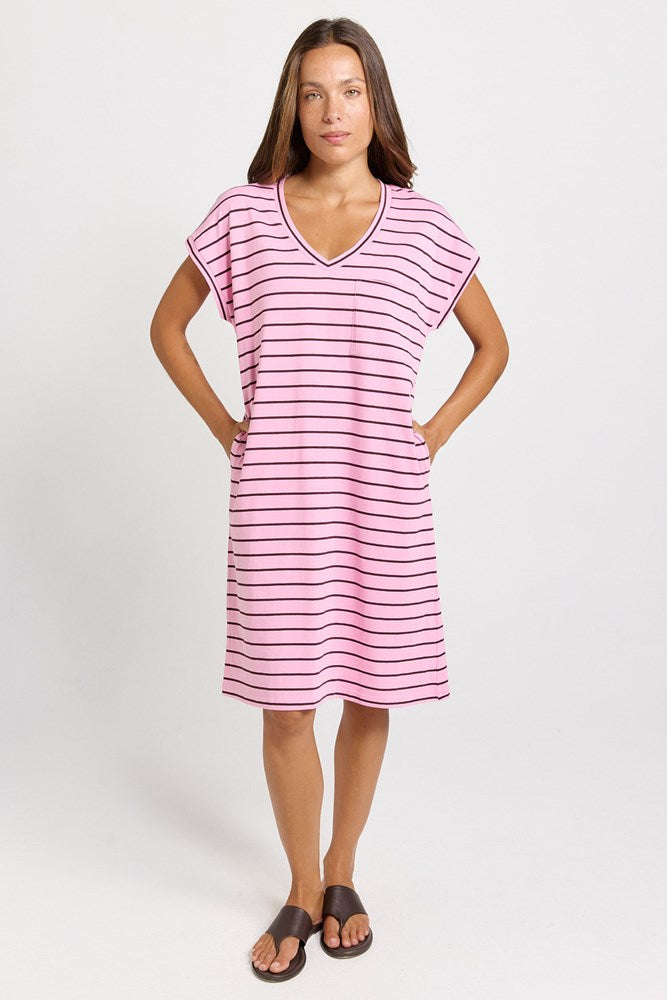Zena T-Shirt Dress - Pink/Chocolate Stripe | Betty Basics