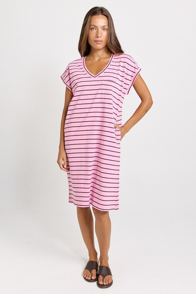 Zena T-Shirt Dress - Pink/Chocolate Stripe | Betty Basics