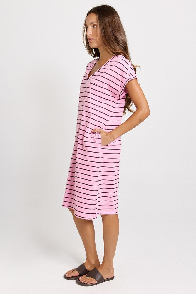 Zena T-Shirt Dress - Pink/Chocolate Stripe | Betty Basics