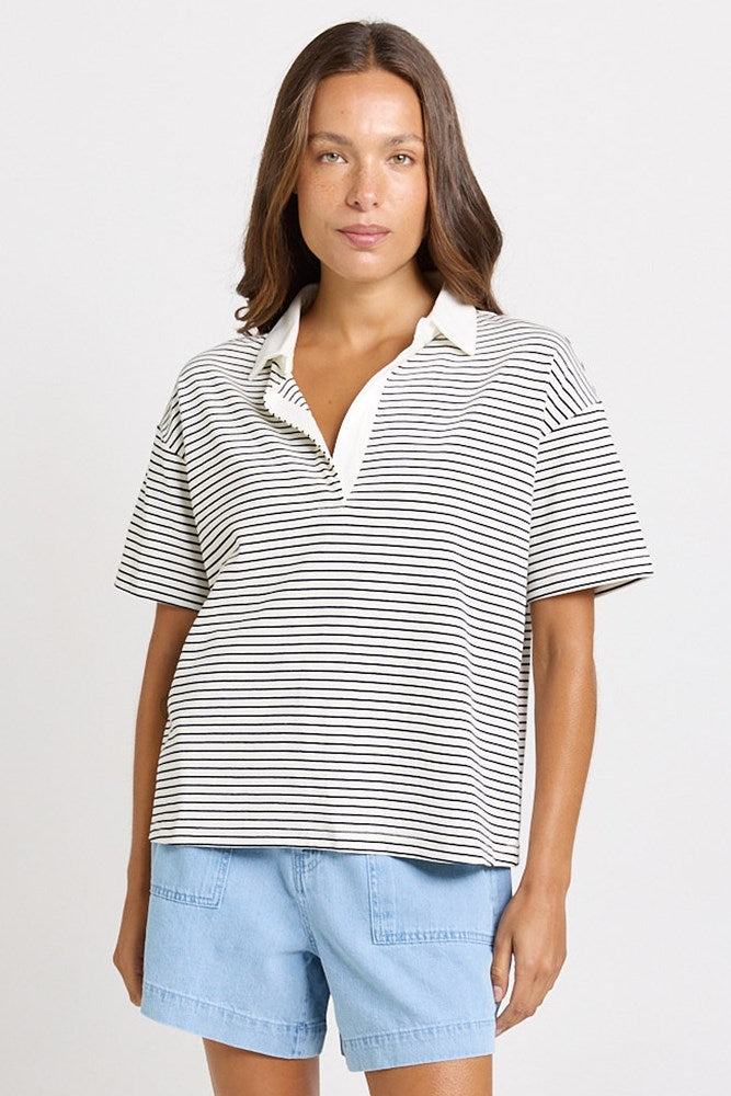 Freddy Polo Top - White/Navy Stripe | Betty Basics