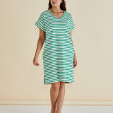 Elise V-Neck Rib Dress - Green Stripe