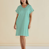 Elise V-Neck Rib Dress - Green Stripe
