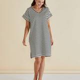 Elise V-Neck Rib Dress - White/Black Stripe