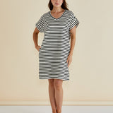 Elise V-Neck Rib Dress - White/Black Stripe