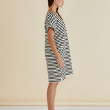 Elise V-Neck Rib Dress - White/Black Stripe