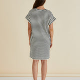 Elise V-Neck Rib Dress - White/Black Stripe