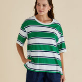 Relax Boxy Tee - Navy/Green Stripe