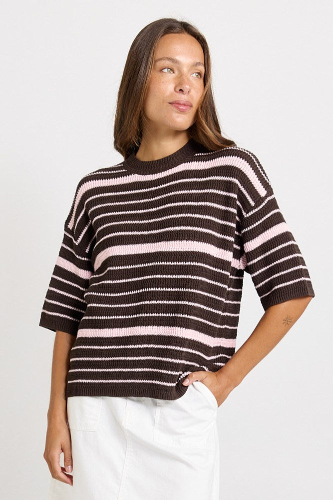 Dylan Knit Tee - Chocolate/Pink Stripe | Betty Basics
