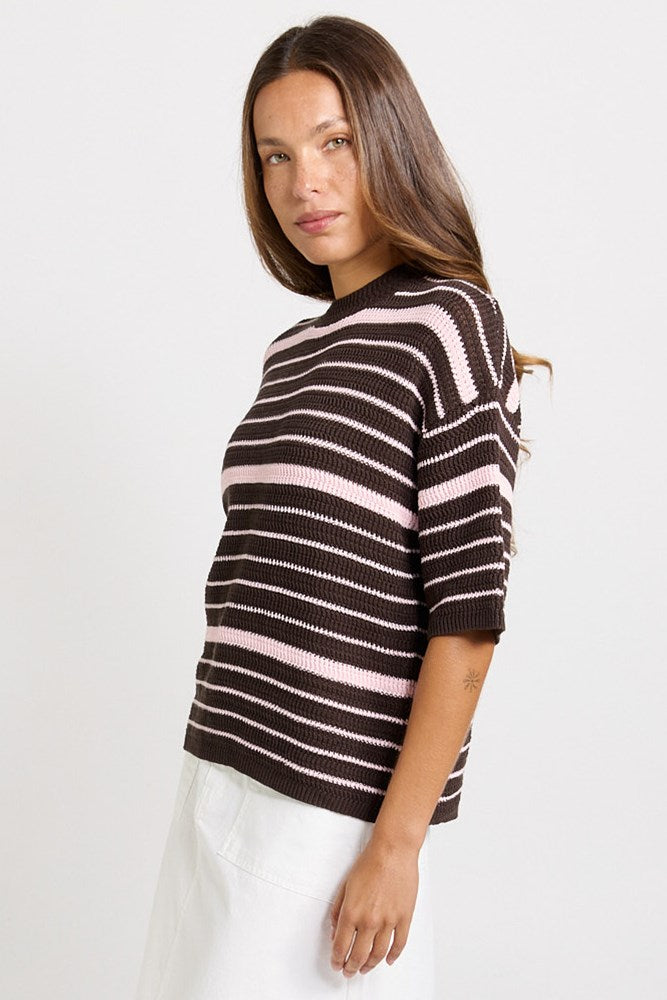 Dylan Knit Tee - Chocolate/Pink Stripe | Betty Basics