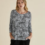 Milan 3/4 Sleeve Top - Black/White Animal Print