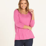 Milan Stretchy Draped Relaxed 3/4 Sleeve Basic Top - Winter Pink