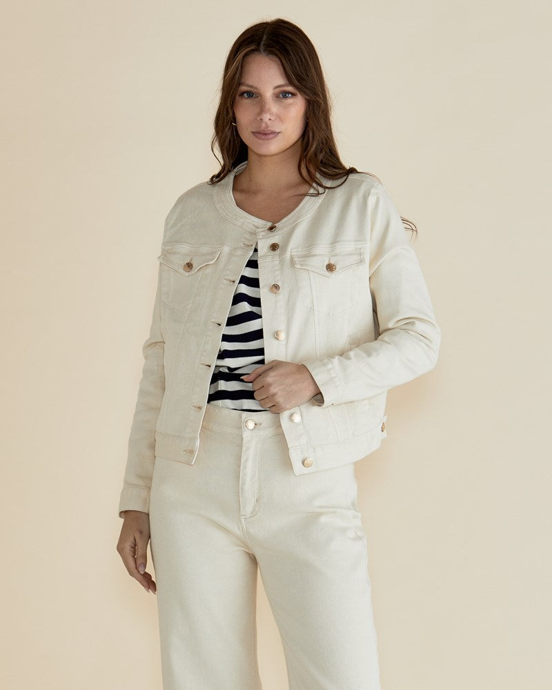 Cindy Collarless Denim Jacket Off-White