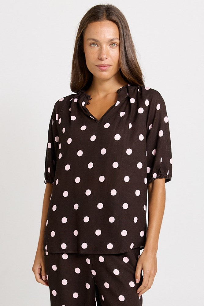 Joanne Blouse - Pink/Choc Polka Dot | Betty Basics