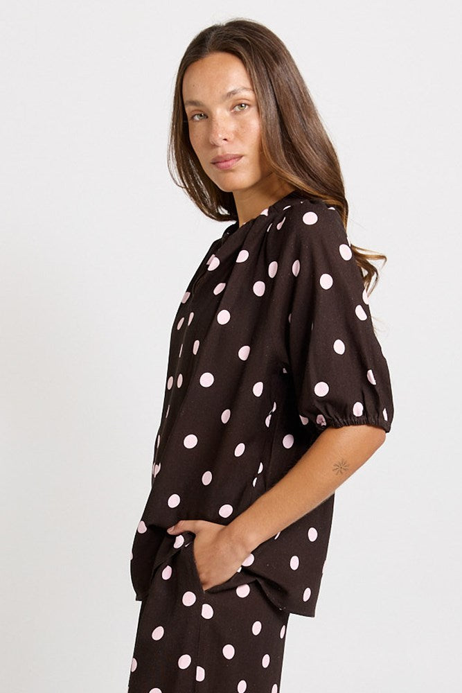 Joanne Blouse - Pink/Choc Polka Dot | Betty Basics