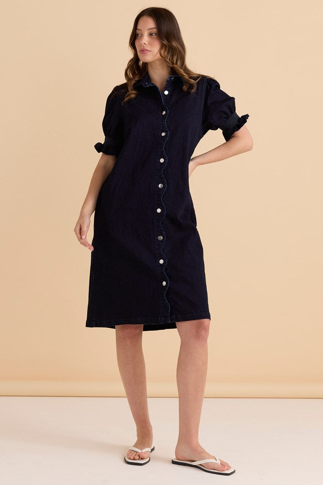 Scallop Denim Dress - Indigo Blue