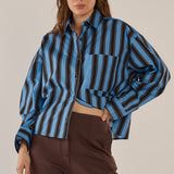 Erin Crop Shirt - Chocolate/Cornflower Stripe