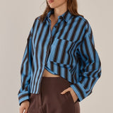 Erin Crop Shirt - Chocolate/Cornflower Stripe