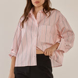 Erin Crop Shirt - Pink/Chocolate Stripe