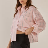 Erin Crop Shirt - Pink/Chocolate Stripe