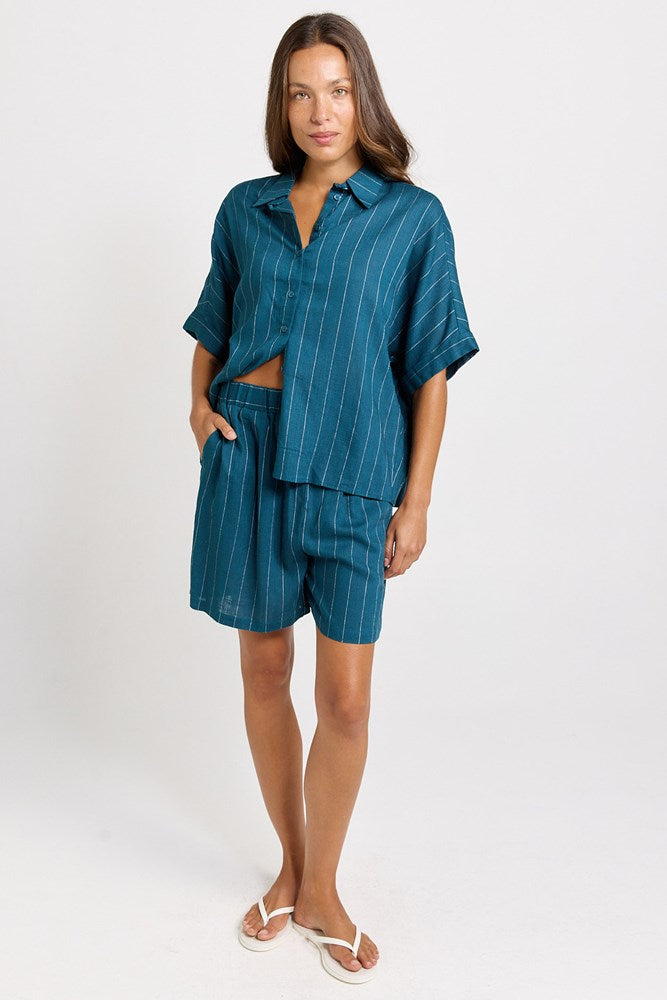 Palm Relax Shorts - Teal/White Stripe | Betty Basics