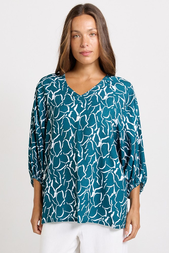 Bella Blouse - Teal Petal Print | Betty Basics