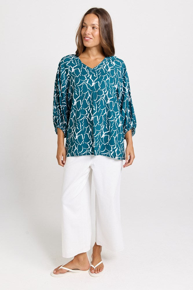 Bella Blouse - Teal Petal Print | Betty Basics