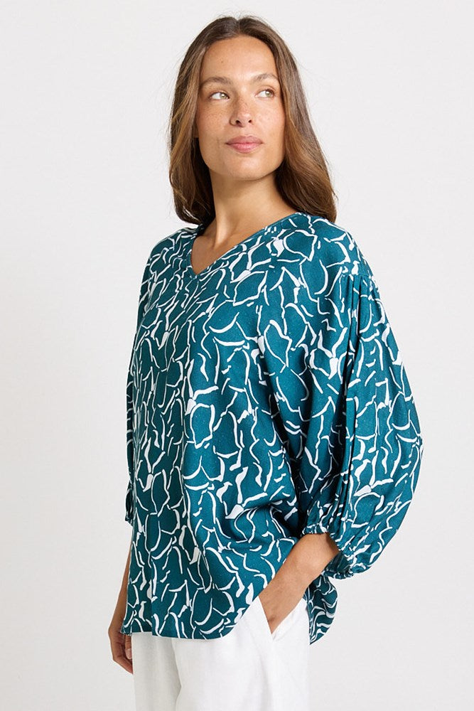Bella Blouse - Teal Petal Print | Betty Basics