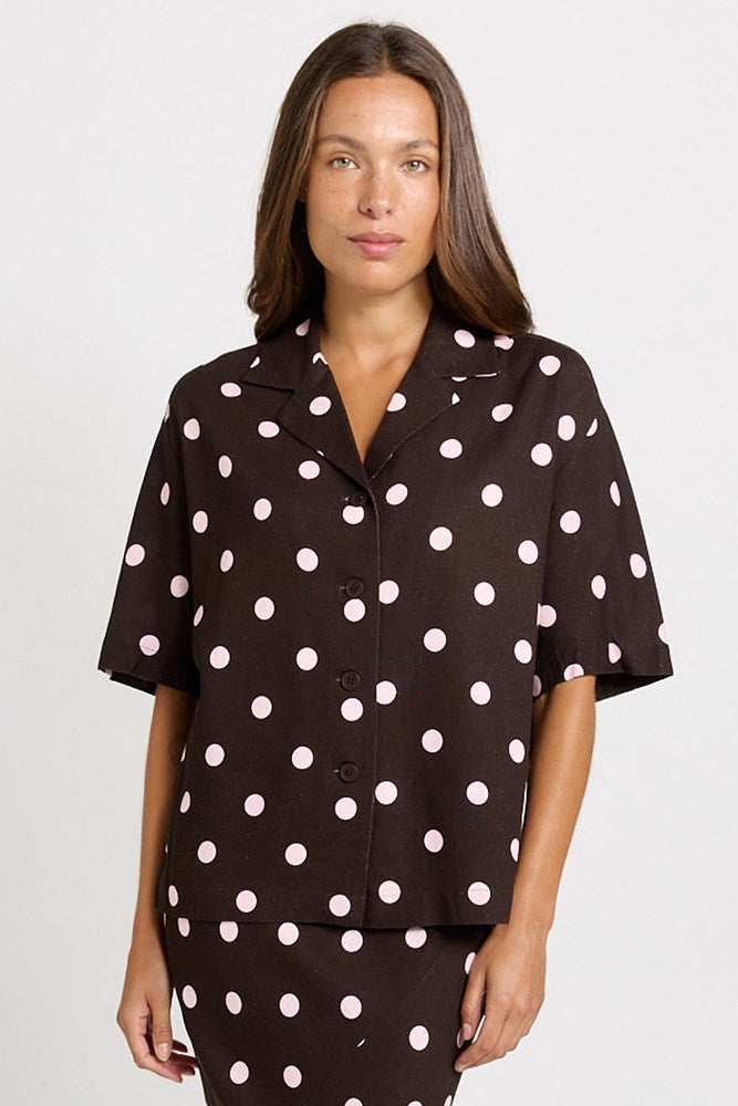 Sable Shirt - Pink/Choc Polka Dot | Betty Basics