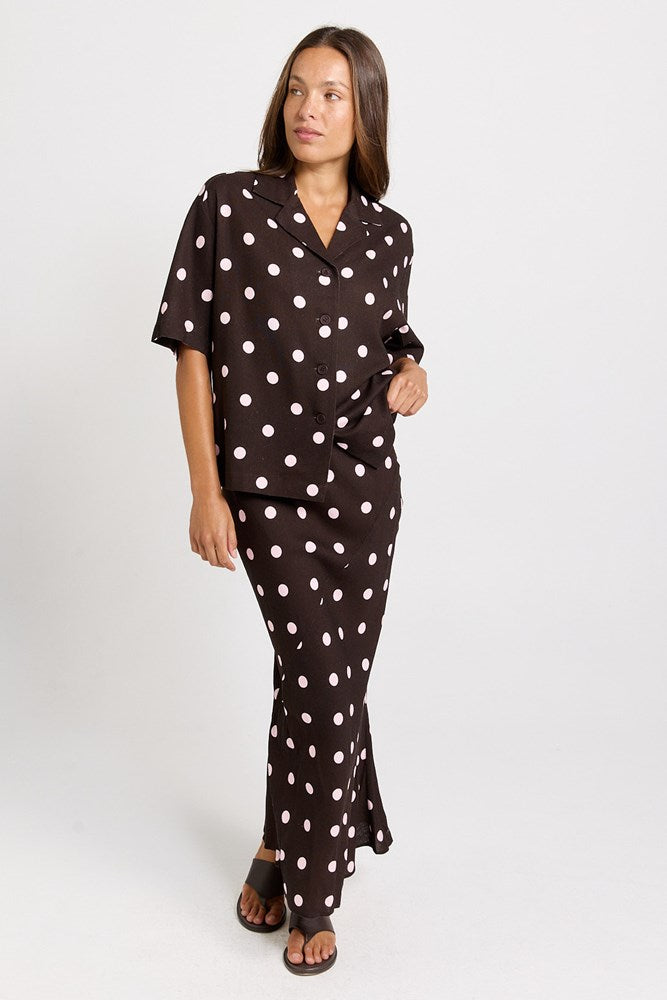 Sable Shirt - Pink/Choc Polka Dot | Betty Basics