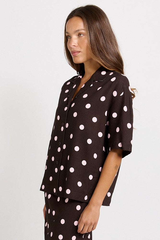 Sable Shirt - Pink/Choc Polka Dot | Betty Basics