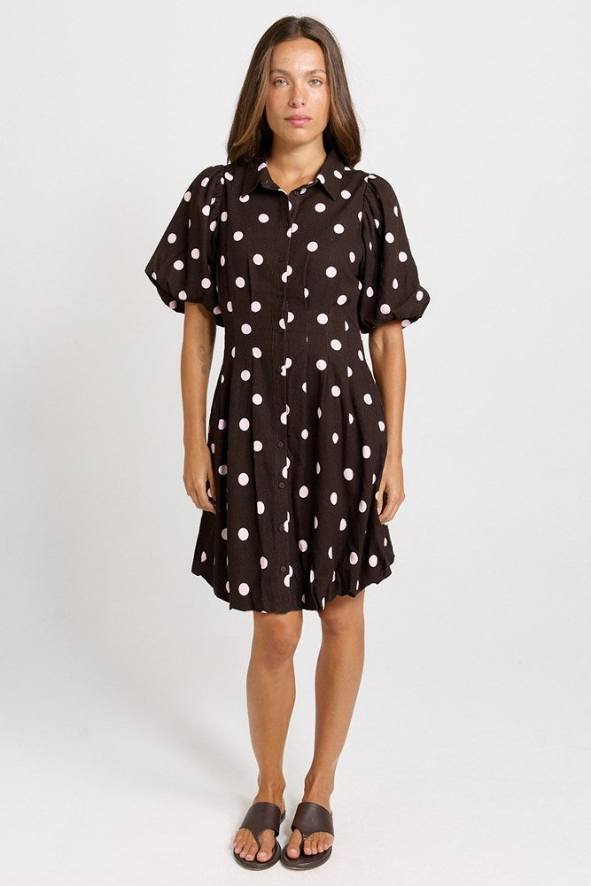 Nancy Shirt Dress - Pink/Choc Polka Dot | Betty Basics