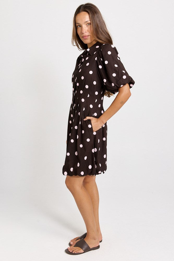 Nancy Shirt Dress - Pink/Choc Polka Dot | Betty Basics