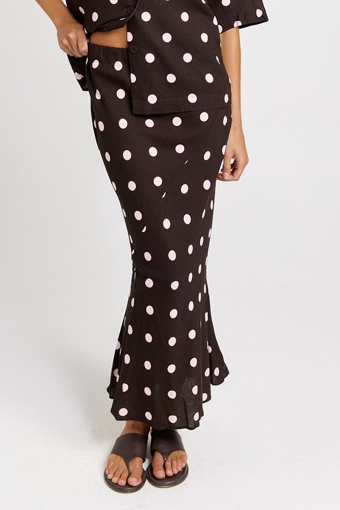 Sable Bias Yoke Skirt - Pink/Choc Polka Dot | Betty Basics