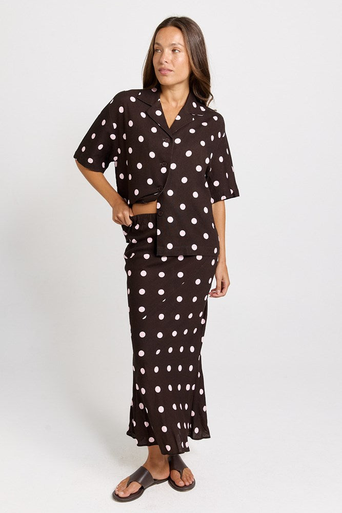 Sable Bias Yoke Skirt - Pink/Choc Polka Dot | Betty Basics
