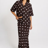 Sable Bias Yoke Skirt - Pink/Choc Polka Dot | Betty Basics