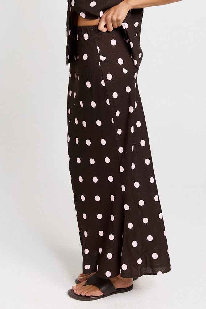 Sable Bias Yoke Skirt - Pink/Choc Polka Dot | Betty Basics