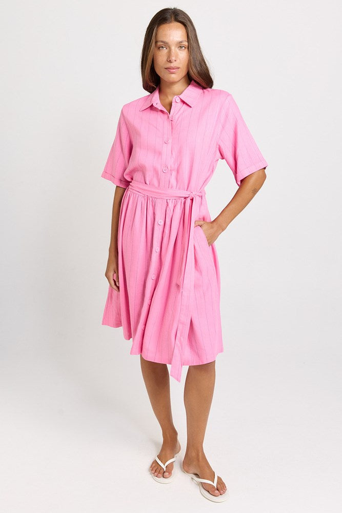 Palm Shirt Dress - Pink/Teal Stripe | Betty Basics