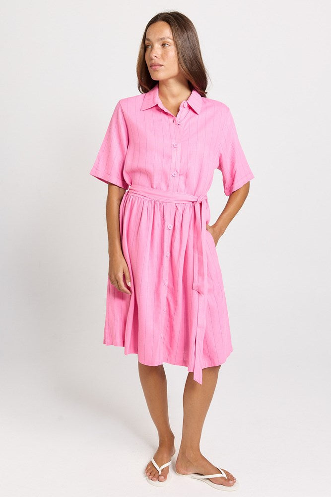 Palm Shirt Dress - Pink/Teal Stripe | Betty Basics